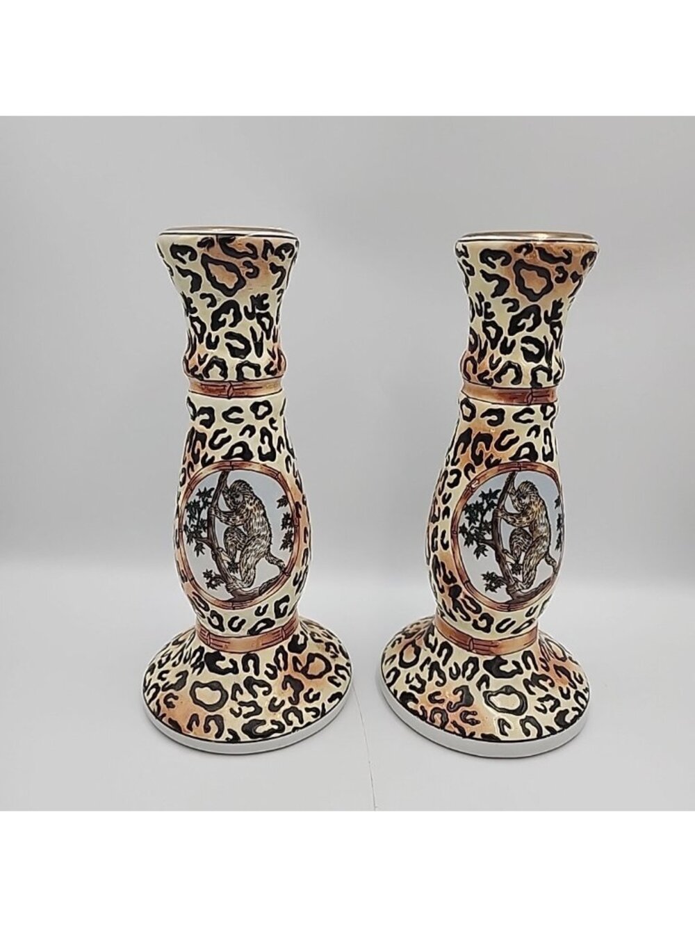 Vintage Monkey Animal Print Candlestick Holders Ceramic 9.5" Set Of 2 Pair